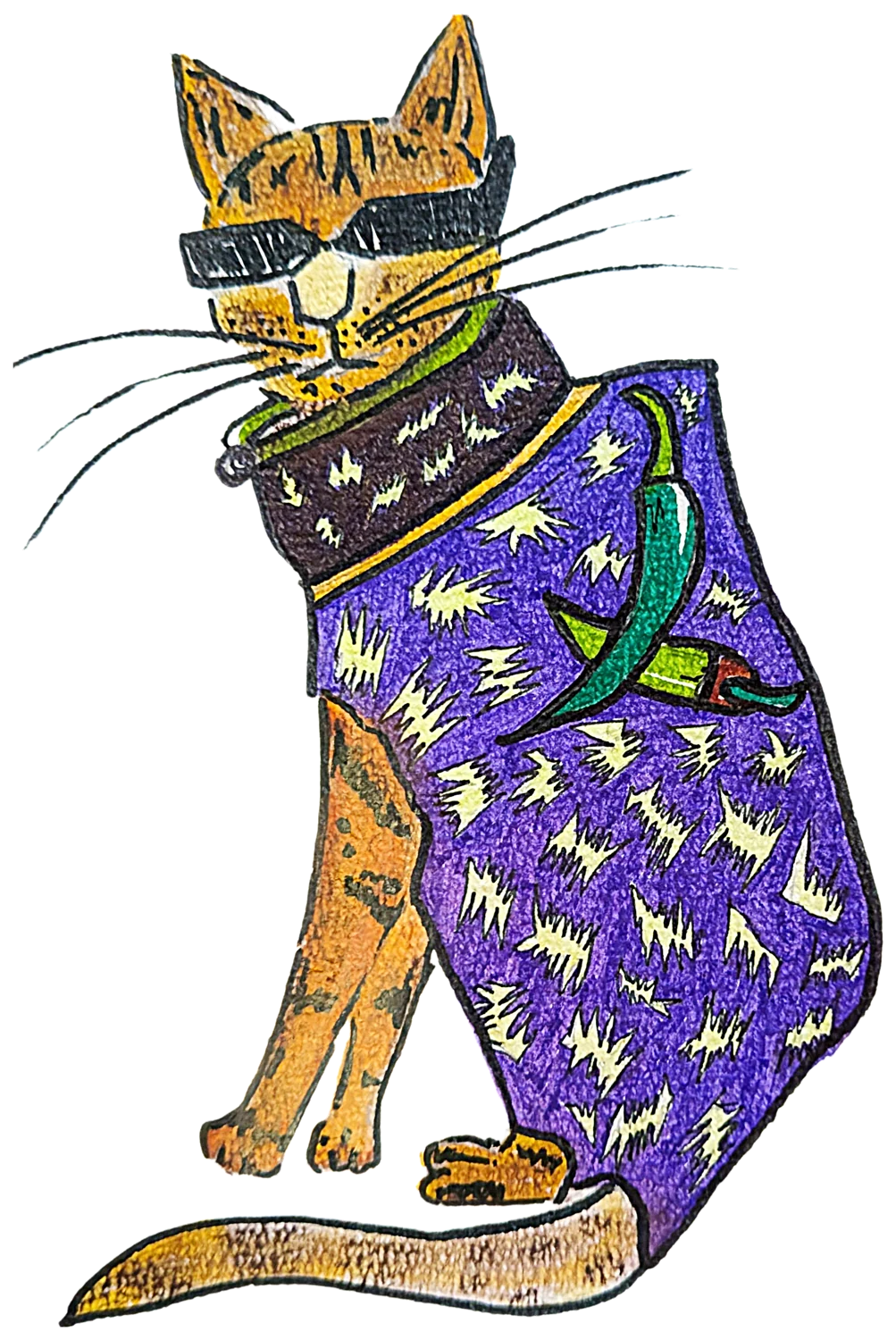 An illustrated tabby cat in sunglasses and a purple chilli-print shirt